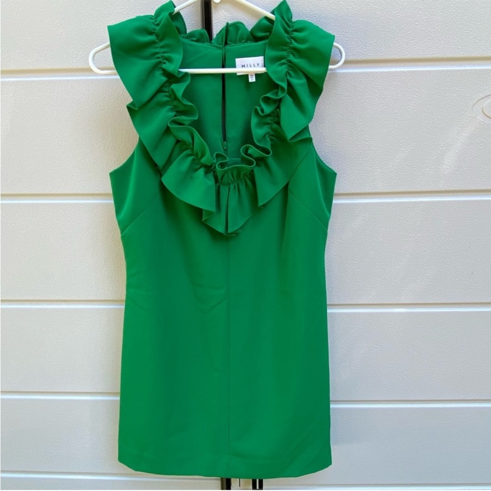 Milly Green Ruffle Neck Mini Dress Keyhole Back USA
